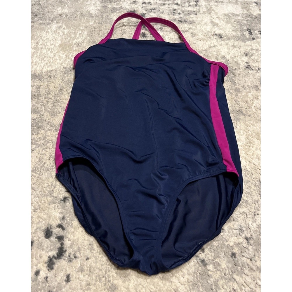 Lands' End Women Square Neck X-Back One Piece Swimsuit 14 Blue Pink Colorblock